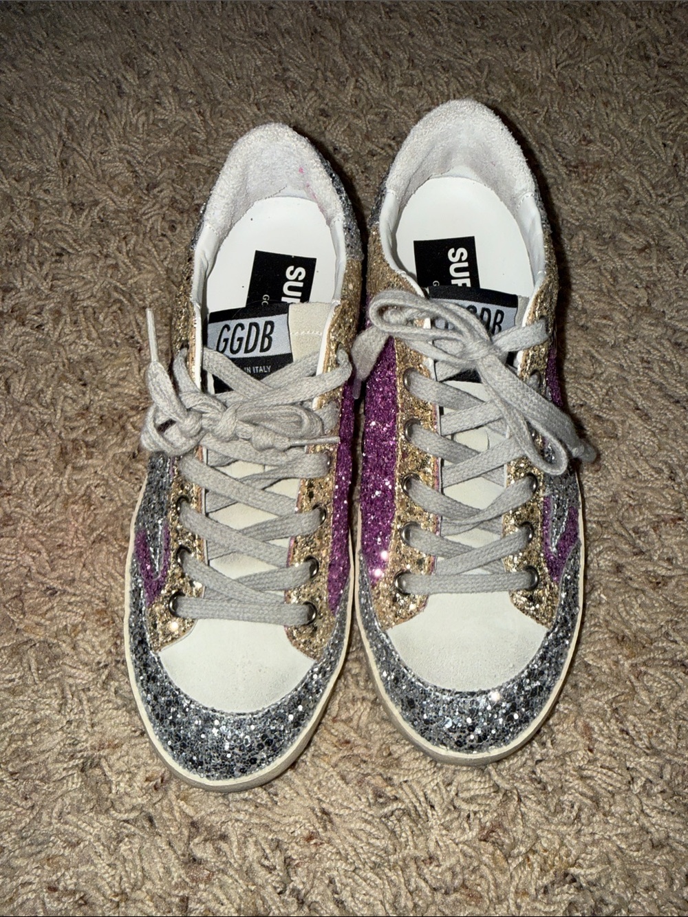Women’s Golden Goose Low-Top Sneakers in Silver, Gold & Purple